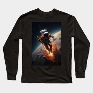 Astronaut with pencil travel from earth to the moon Long Sleeve T-Shirt